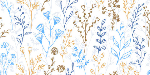 Field flower branches hand drawn vector seamless pattern. Rustic herbal textile print. Herb plants foliage and blossom illustration. Field flower sprigs linear seamless design