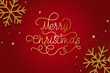 Merry Christmas lettering, with gold 3D snowflakes on red background.