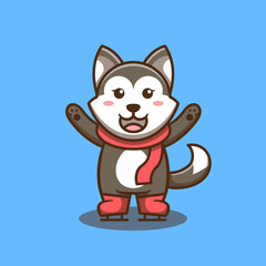 Happy Funny Dog Mascot Wearing Red Scarf And Ice Skating. Isolated Cute Animal Illustration Vector. Suitable For Stickers, Web Landing Pages And More.