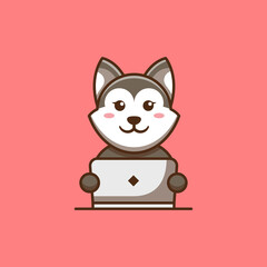 Cute Dog Mascot is Working in Front of a Laptop. Vector Illustration of Cute Animals. Suitable For Stickers, Web Landing Pages, And More.