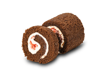 Delicious homemade Mini Black Forest Chocolate Sponge Cake Roll filled with white cream isolated on white background with clipping path.