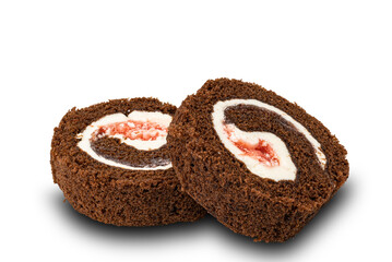 Sliced homemade Mini Black Forest Chocolate Sponge Cake Roll on white background with clipping path.