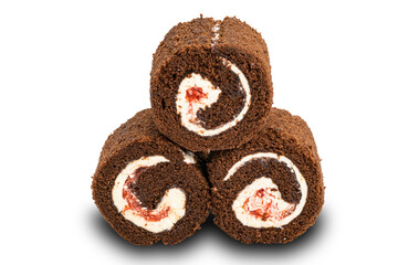 Pile of homemade chocolate Mini Black Forest Cake Roll filled with white cream on white background with clipping path.