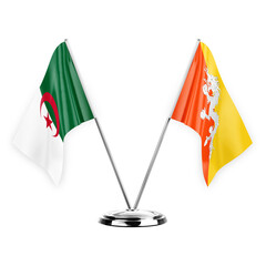 Two table flags isolated on white background 3d illustration, algeria and bhutan