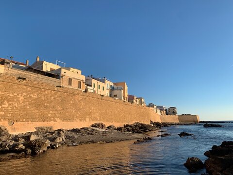 View of seafront bastions in Alghero, Sardinia, Italy