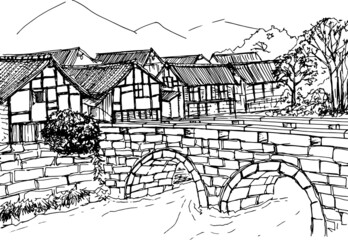 Vector illustration of old bridge and old wooden houses.