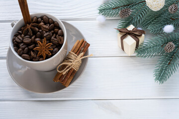 Obraz na płótnie Canvas Coffee background for the holidays. Christmas coffee background. New year, christmas background with coffee