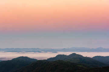 Naklejka na ściany i meble Morning fog in dense tropical rainforest ,Misty forest landscape at Salavin national park