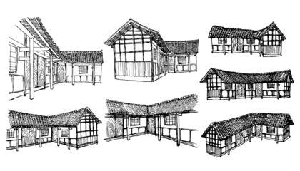 Set of ancient Asian house. Hand drawn sketch vector illustration.