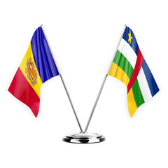 Two table flags isolated on white background 3d illustration, andorra and central african republic