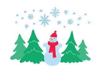 Snowflakes above smiling snowman in hat and scarf standing near firs. Vector flat illustration isolated on white.