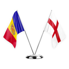 Two table flags isolated on white background 3d illustration, andorra and england