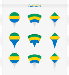 Gabon flag, set of location pin icons of Gabon flag.