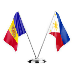 Two table flags isolated on white background 3d illustration, andorra and philippines