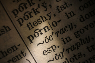 Word "porn" or "porno" printed on dictionary page, macro close-up		