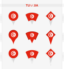 Tunisia flag, set of location pin icons of Tunisia flag.