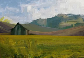 Raamstickers Oil painting landscape art. Rural mountain region. Colorful green field and grass. Summer time. Countryside. © Jakub