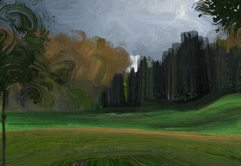 Oil painting landscape art. Rural mountain region. Colorful green field and grass. Summer time. Countryside.