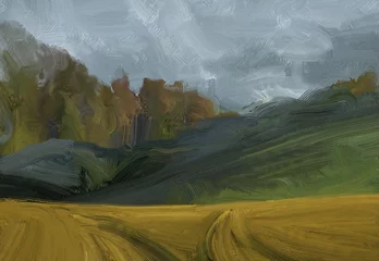 Crédence de cuisine en verre imprimé Gris foncé Oil painting landscape art. Rural mountain region. Colorful green field and grass. Summer time. Countryside.