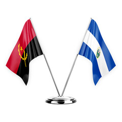 Two table flags isolated on white background 3d illustration, angola and el salvador