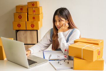 Small business owners are stressed about the company's past online sales, cropped images of women checking and solving problems at their sales offices, merchandising ideas and modern businessmen.