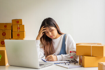Small business owners are stressed about the company's past online sales, cropped images of women checking and solving problems at their sales offices, merchandising ideas and modern businessmen.