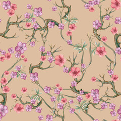 Cherry Blossom Pattern stock illustration Branches with Pink and red Flowers pastel sweet color ornament seamless pattern