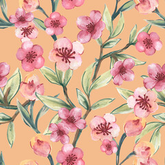 Cherry Blossom Pattern stock illustration Branches with Pink Flowers ornament seamless pattern