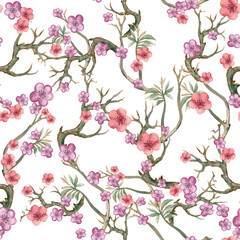 Cherry Blossom Pattern stock illustration Branches with Pink and red Flowers pastel sweet color ornament seamless pattern backdrop