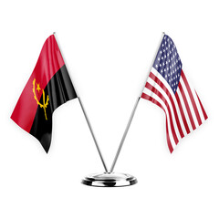 Two table flags isolated on white background 3d illustration, angola and usa