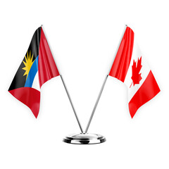 Two table flags isolated on white background 3d illustration, antigua barbuda and canada