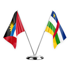 Two table flags isolated on white background 3d illustration, antigua barbuda and central african republic