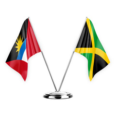 Two table flags isolated on white background 3d illustration, antigua barbuda and jamaica