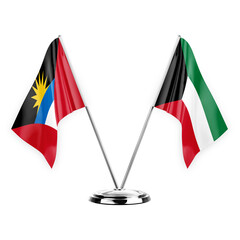 Two table flags isolated on white background 3d illustration, antigua barbuda and kuwait