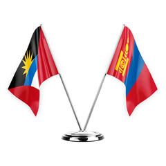 Two table flags isolated on white background 3d illustration, antigua barbuda and mongolia