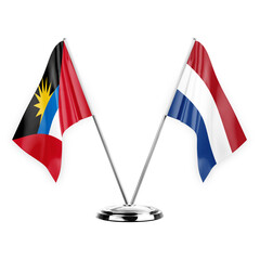 Two table flags isolated on white background 3d illustration, antigua barbuda and netherlands