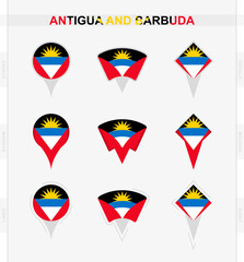 Antigua and Barbuda flag, set of location pin icons of Antigua and Barbuda flag.
