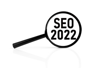 SEO 2022 . text on white background ... on magnifier glass on white background