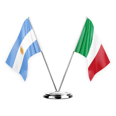 Two table flags isolated on white background 3d illustration, argentina and italy