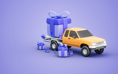 Naklejka premium product delivery service courier transportation with cargo truck and gift box 3d render concept
