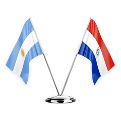 Two table flags isolated on white background 3d illustration, argentina and paraguay