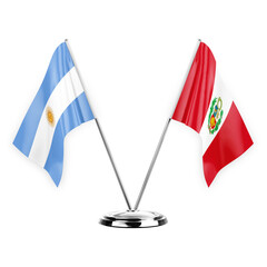 Two table flags isolated on white background 3d illustration, argentina and peru