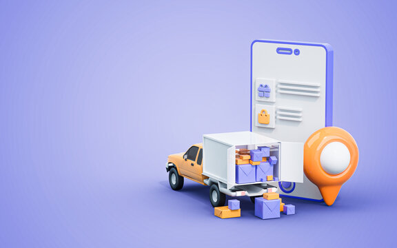 product delivery service courier transportation with cargo truck and location sign 3d render concept