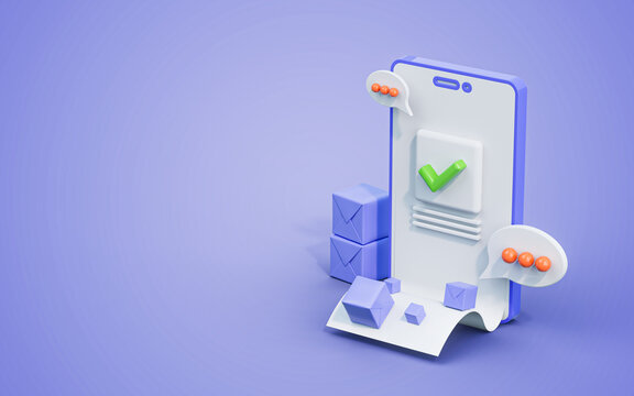 Inventory management mobile checkmark with product Distribution and shipping production 3d render