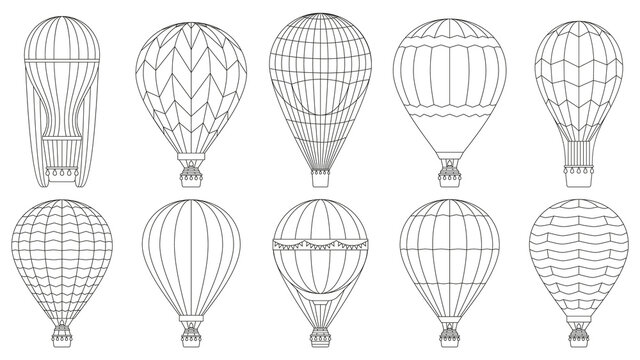 Hot air balloons, colouring page flying linear air balloons. Retro air balloon, flight tourism sky transport vector symbols set. Flying hot air balloon icons