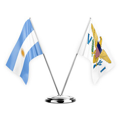 Two table flags isolated on white background 3d illustration, argentina and virgin islands