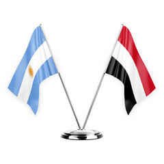 Two table flags isolated on white background 3d illustration, argentina and yemen