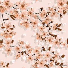 Falling Japanese cherry petals, floral pattern. Monochrome blossoming branches of cherry with shadow on gray in a random arrangement square format. Pink Sakura texture, EPS 10, vector