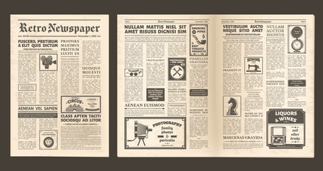 Vintage old newspaper full page, retro spread pages. Retro newsprint page, editorial news and ad posters newspaper layout vector illustration set. Old newspaper pages © WinWin