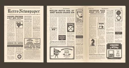 Rolgordijnen Vintage old newspaper full page, retro spread pages. Retro newsprint page, editorial news and ad posters newspaper layout vector illustration set. Old newspaper pages © WinWin